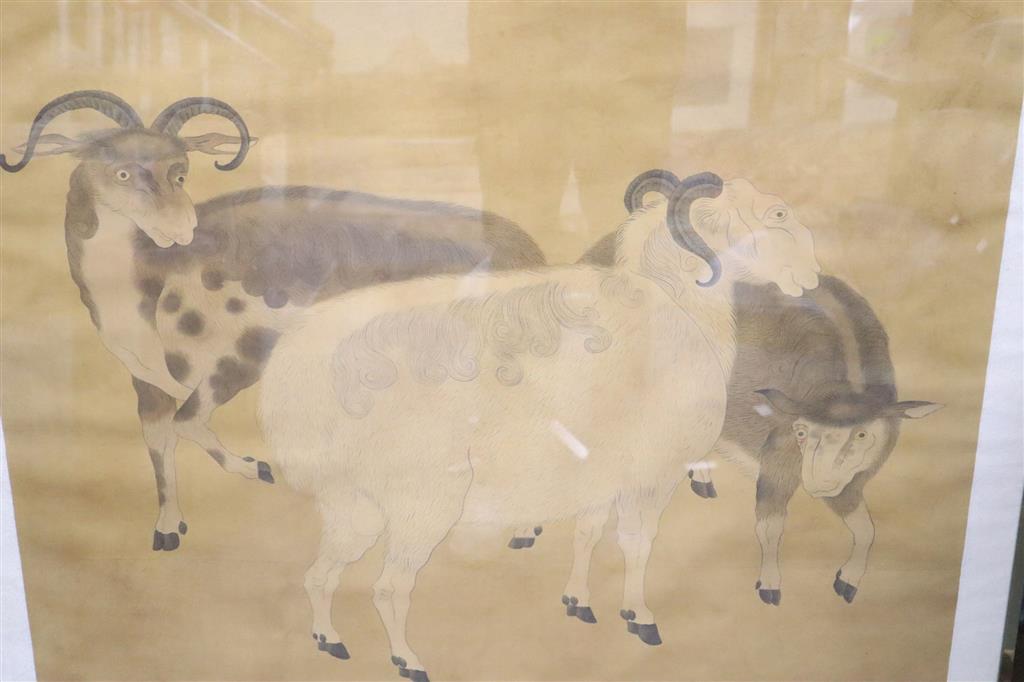 Chinese School (early 20th century), Two Rams and Ewe, 87 x 87cm, overall 172 x 98cm